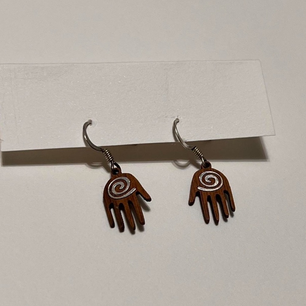 Wood Healing Hand Dangly Earrings, Brown & Silver